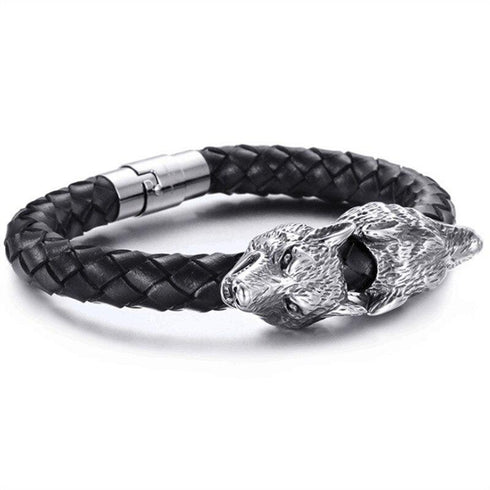 Bracelet Loup Cuir et Acier